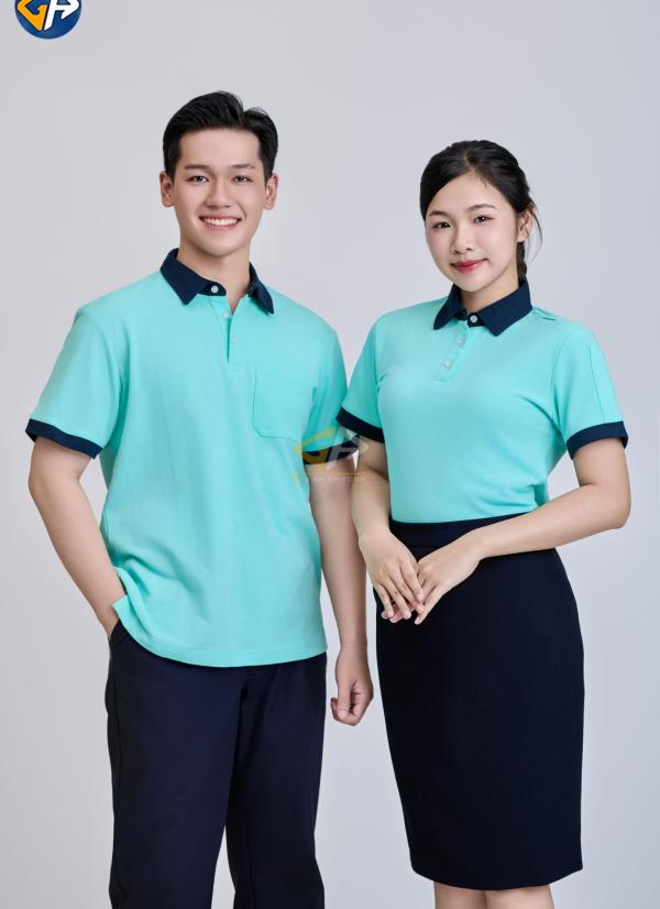 Áo thun đồng phục xanh nhạt phối cổ đậm thanh lịch