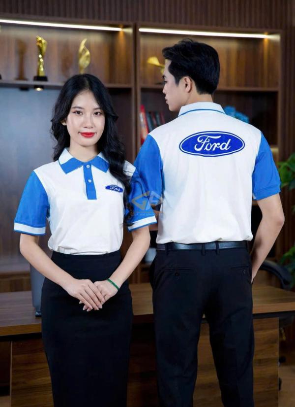 Áo đồng phục polo màu trắng phối xanh Yamaha.